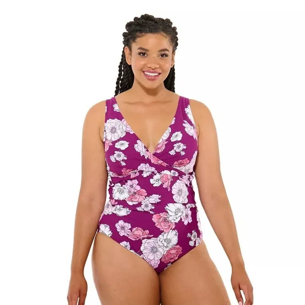 Freshwater Surplice Lace-Back One-Piece Swimsuit Plus Size 2X Purple Floral - Picture 15 of 16